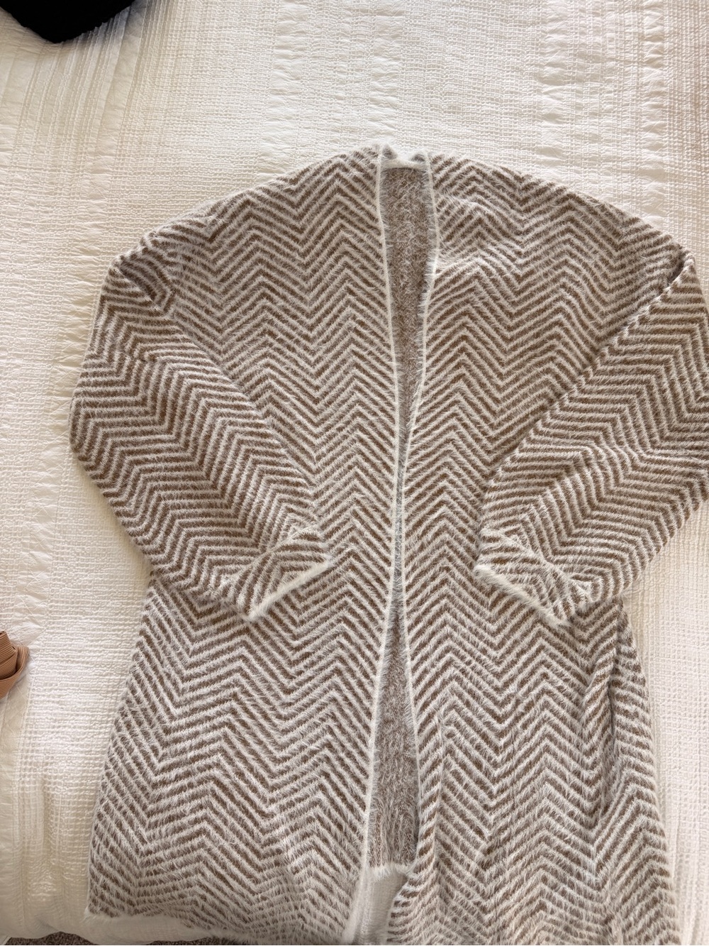 Cozy Chevron Open-Front Women’s Sweater Cardigan - Taupe & Cream